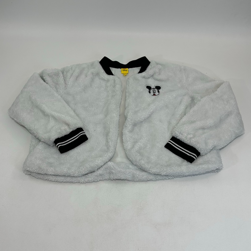 Disney Women's Fuzzy White Mickey Mouse Jacket Black Trim Size 2XL